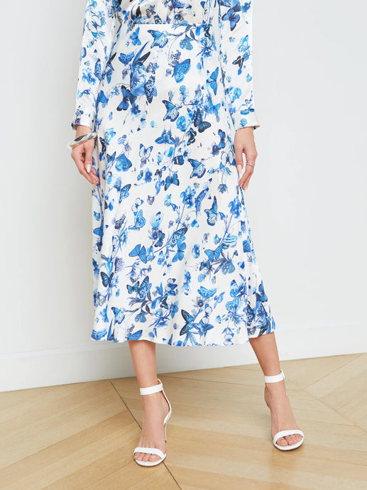 L'Agence Clarisa Midi Skirt - White/Blue Tonal Butterflies