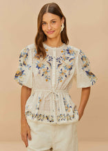 Load image into Gallery viewer, Farm Rio Mystic Blue Lotus Dreamscape Off-White Blouse