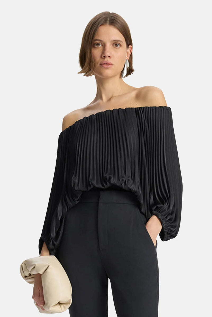 sienna satin pleated off shoulder dress A.L.C. Women's Sienna Satin Pleated Off Shoulder Top in Black, Size XS
