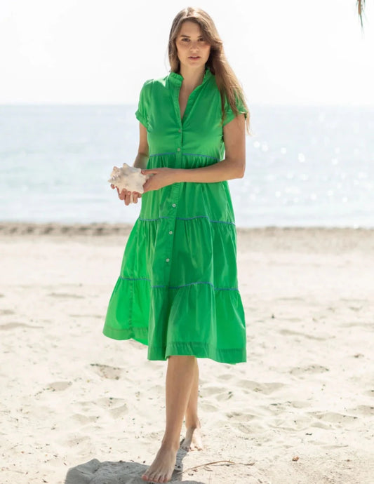 Kia Moore Dress Erin Dress - Green w/Blue Piping