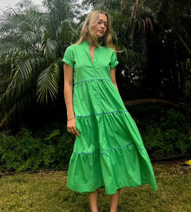 Kia Moore Dress Erin Dress - Green w/Blue Piping
