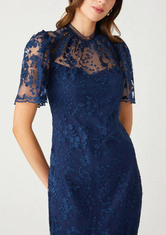 Shoshanna Women's Martine Floral Lace Midi-Dress - Navy