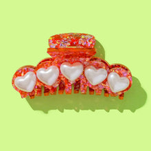 Load image into Gallery viewer, Taylor Elliott Designs Claw Hair Clip - Red Confetti w/ Pearl Heart Beads