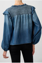 Load image into Gallery viewer, Bella Dahl Long Sleeve Smocked Ruffle Pullover - Dark Ombre Wash