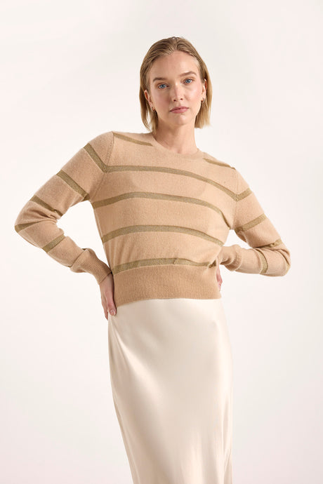 Brodie Simone Lurex Stripe Crew - Camel/Gold