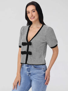 525 America Elaine Puff Sleeve Bow Cardigan - Black Multi
