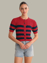 Load image into Gallery viewer, 525 America Tallulah Striped Puff Sleeve Cable Cardigan - Racing Red Combo