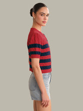 Load image into Gallery viewer, 525 America Tallulah Striped Puff Sleeve Cable Cardigan - Racing Red Combo