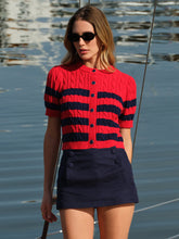 Load image into Gallery viewer, 525 America Tallulah Striped Puff Sleeve Cable Cardigan - Racing Red Combo