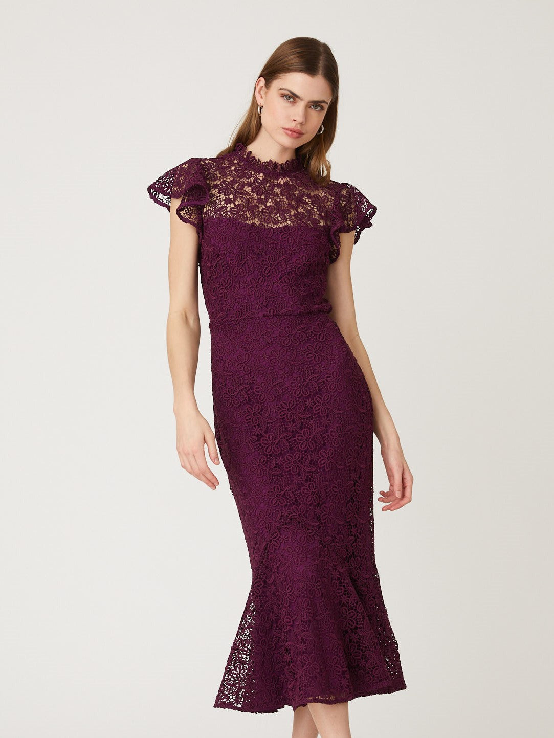 Shoshanna Women's Lea Flutter Sleeve Plum Lace Midi Dress