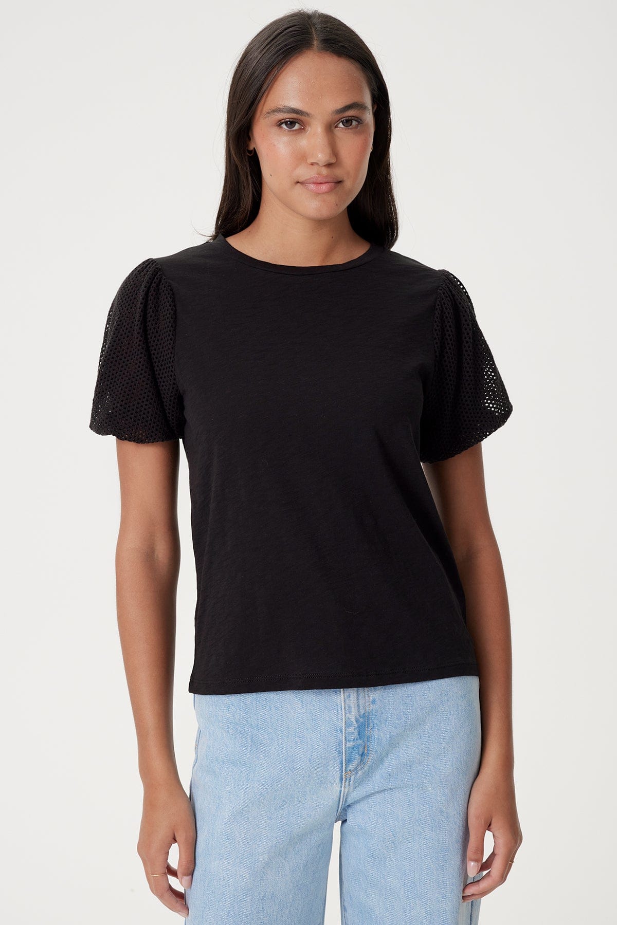 Goldie Isabel Fishnet Puff Sleeve Tee - 2 Colors