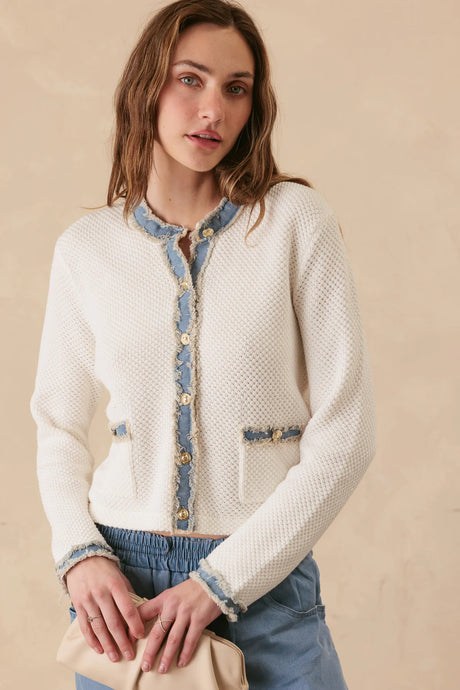 27 Miles Sutton Cotton Lady Cardigan with Denim Trim - Cloud