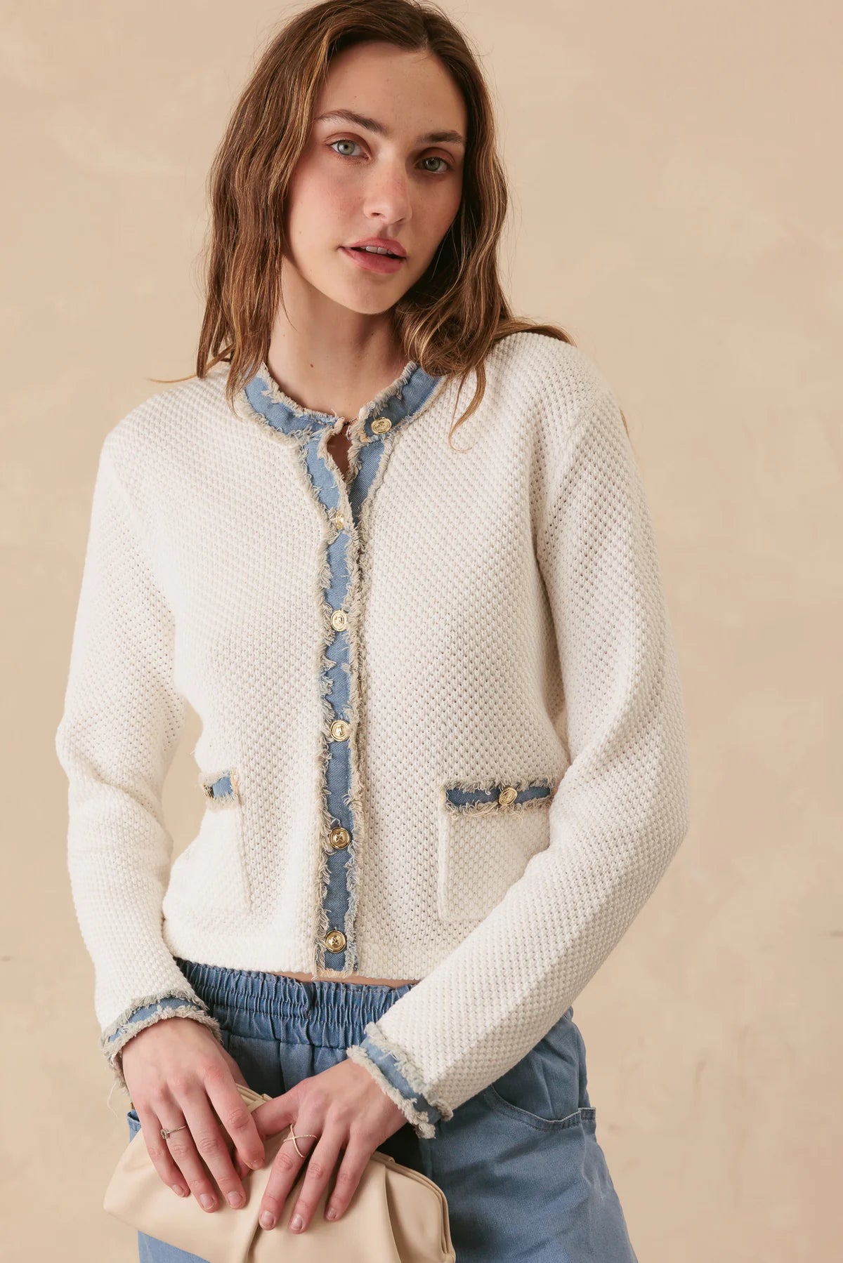 27 Miles Sutton Cotton Lady Cardigan with Denim Trim - Cloud