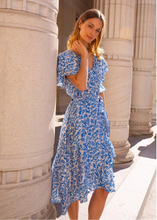 Load image into Gallery viewer, Bell by Alicia Bell Frilly Midi Wrap Dress - Blue White