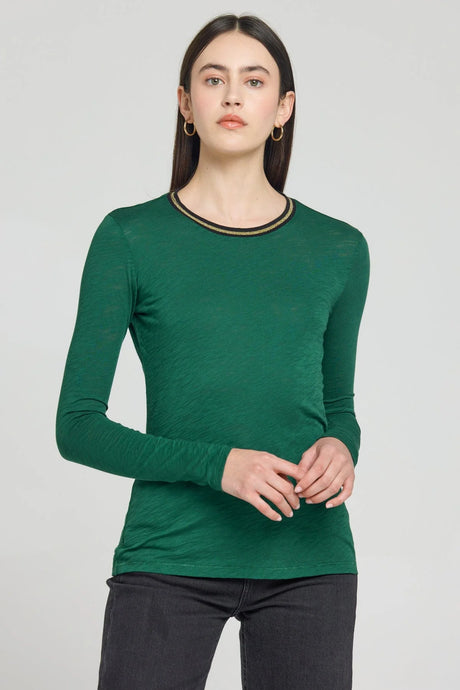 Goldie Long Sleeve Metallic Tipped Ringer Tee - Spruce