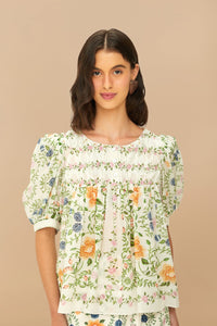 Farm Rio Folk Floral Off-White Scoop Neck Short Sleeve Blouse