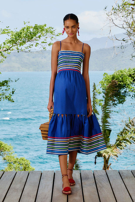 Farm Rio Blue Colored Stripes Midi Dress