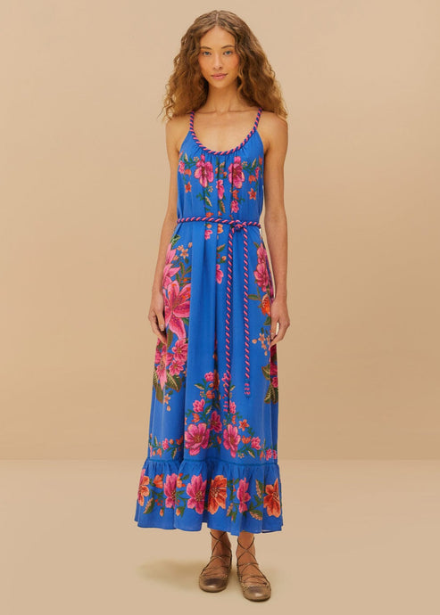 Farm Rio Summer Fruit Scarf Blue Maxi Dress