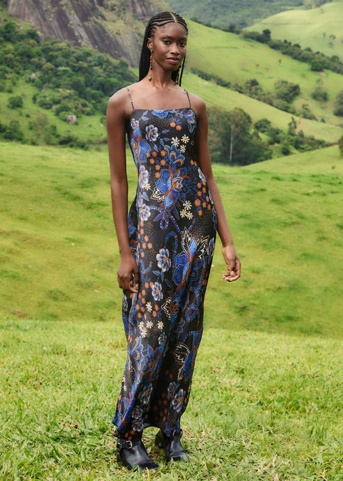 Farm Rio Snakes Bouquet Slip Maxi Dress - Black