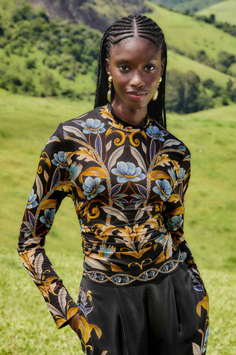 Farm Rio Snake Garden Black Jersey Blouse