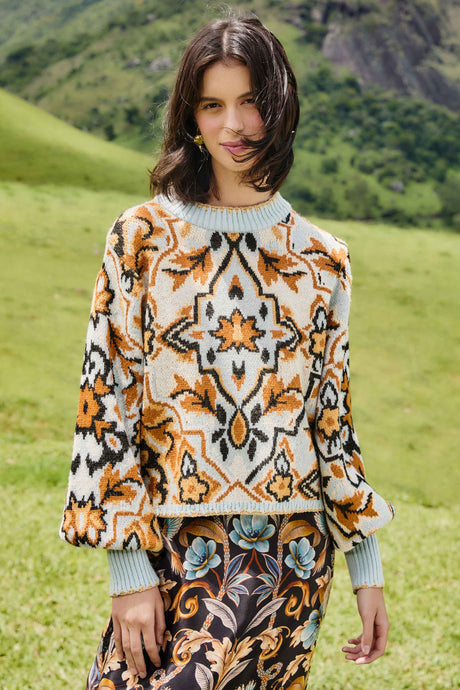 Farm Rio Winter Tapestry Sweater - Blue