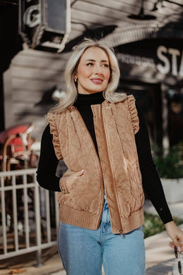 Katydid Garment Washed Quilted Ruffle Sleeve Vests - Brown
