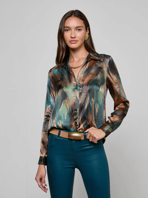L'Agence Tyler Silk Blouse - Teal Multi Mix Feather