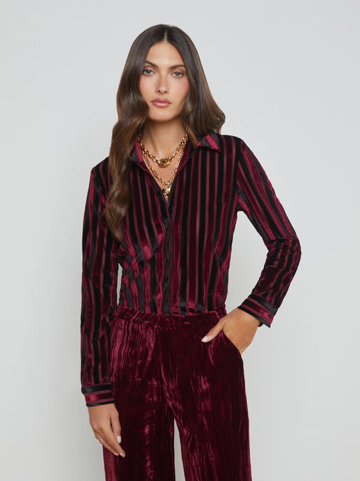 L'Agence Laurent Striped Velvet Blouse - Deep Burgundy/Black Stripe