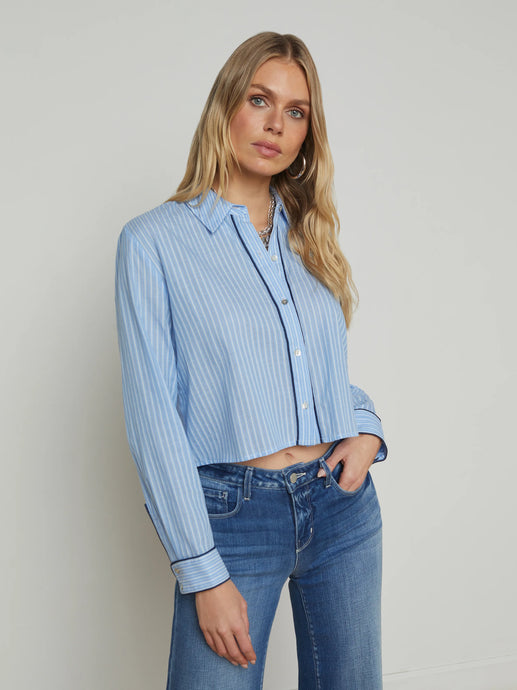 L'Agence Cosette Button-Down Shirt - Slate Blue/Ivory Stripe