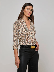 L'Agence Nina Silk Blouse - Ecru Multi Geo Print