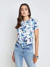Load image into Gallery viewer, L&#39;Agence Ressi Fitted Tee - White/Blue Tonal Butterflies