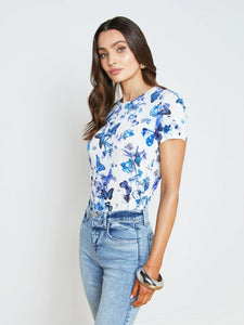 L'Agence Ressi Fitted Tee - White/Blue Tonal Butterflies