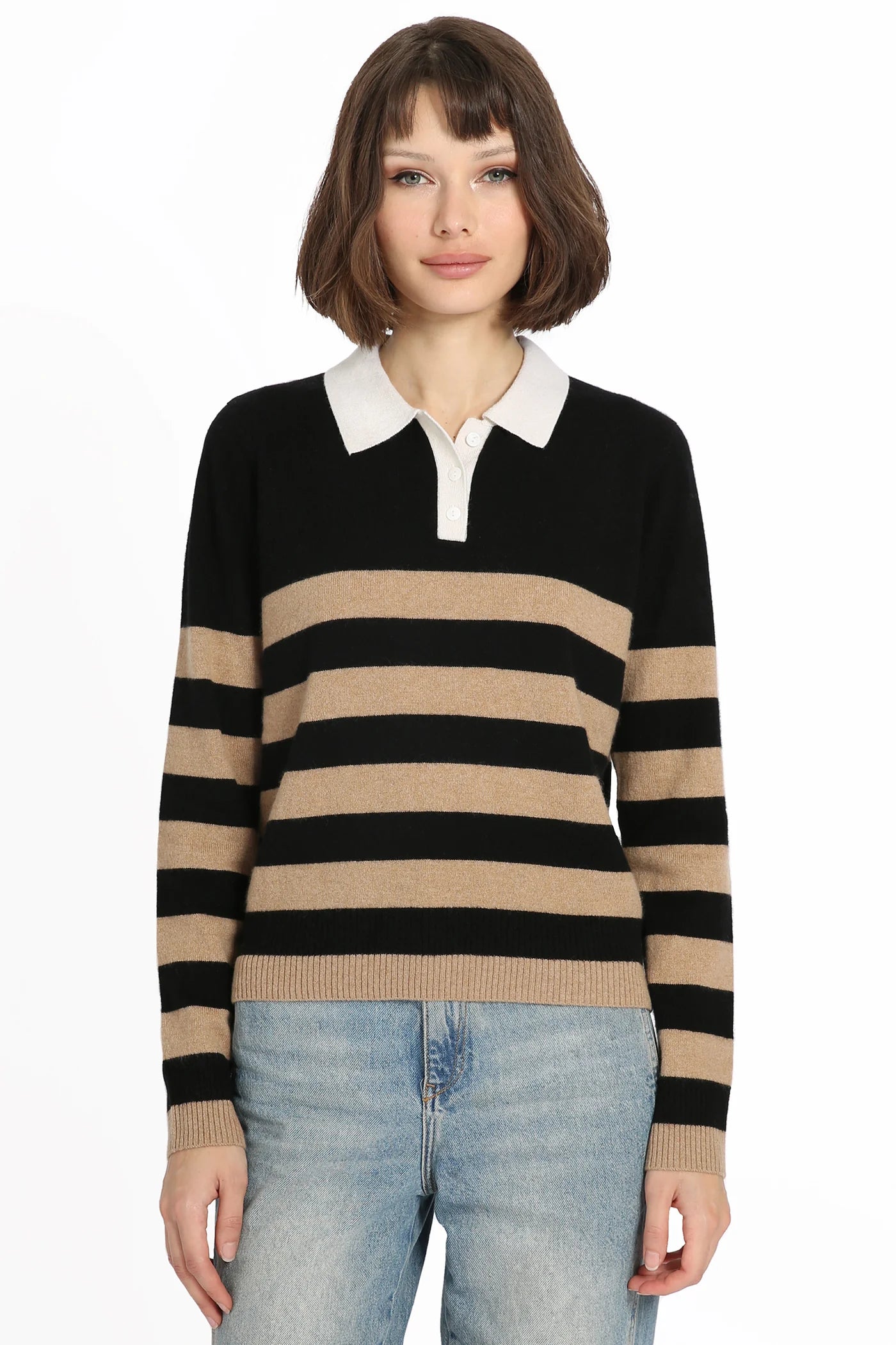 Minnie Rose Cashmere Rugby Stripe Polo - Black/Camel