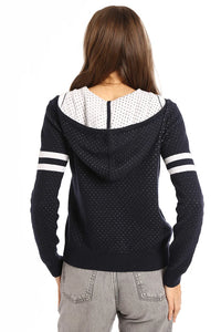 Minnie Rose Cotton Cashmere Two-Tone Mesh Zip Hoodie - Navy/White