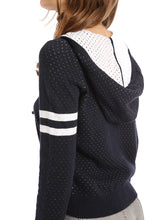 Load image into Gallery viewer, Minnie Rose Cotton Cashmere Two-Tone Mesh Zip Hoodie - Navy/White