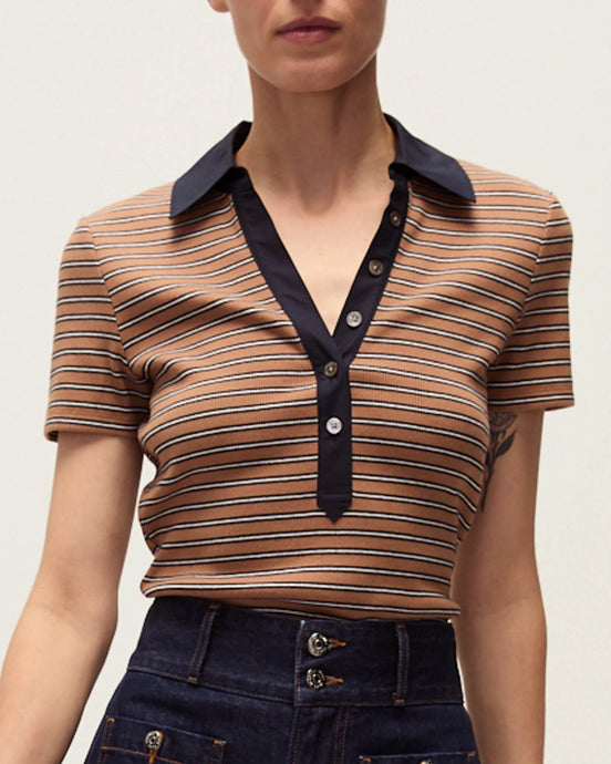Veronica Beard Kearney Polo Tee  - Brown Multi