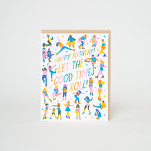 Load image into Gallery viewer, Egg Press Manufacturing - Roller Skaters Birthday Letterpress Greeting Card by Hello!Lucky: Plastic sleeve