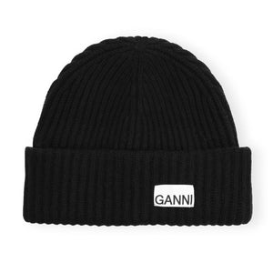 Ganni Loose Wool Rib Knit Beanie - Black