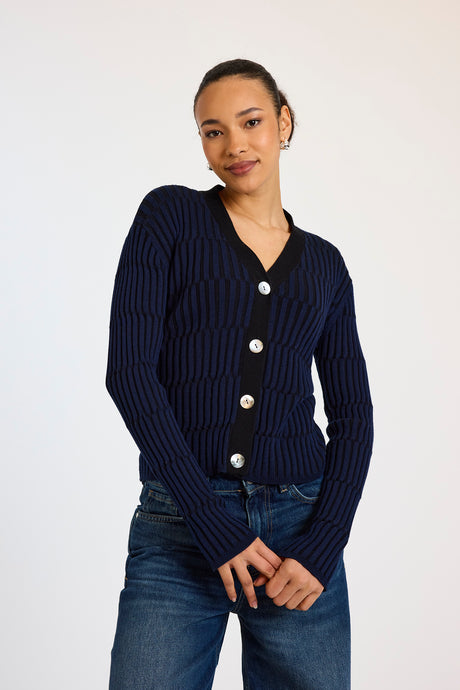 Brodie WISPR Imogen Plaited Stripe Slim Cardi - Navy Blue