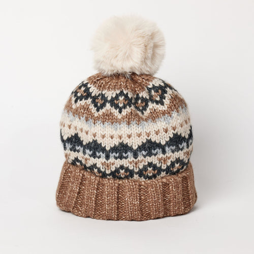 Hat Attack Fair Isle Beanie with Pom - Brown