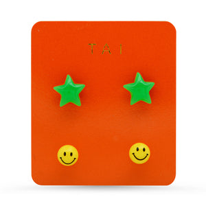 Tai Set of 2 Star and Smiley Face studs - 2 Colors