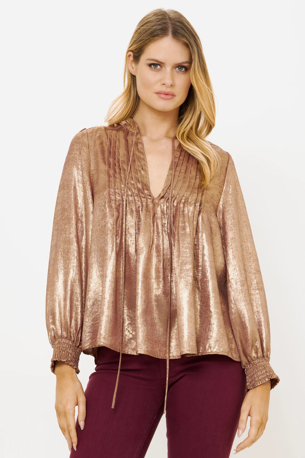 OLIPHANT V-Neck Pintuck Blouse - Cairo Gold