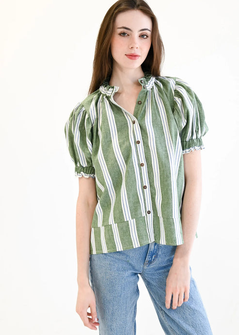 Never A Wallflower Elastic Collar Top - Green Stripe