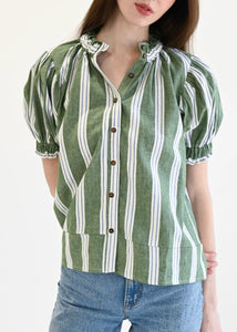 Never A Wallflower Elastic Collar Top - Green Stripe