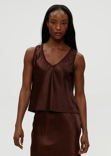 Michael Stars Liz Satin V-Neck Tank - Espresso