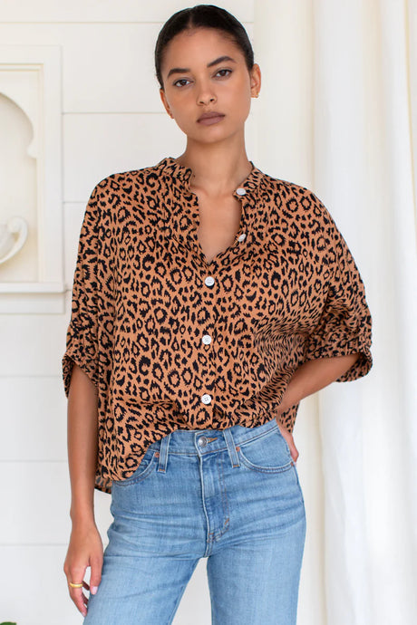 Emerson Fry Mandarin Collar Top - Vintage Leopard Organic
