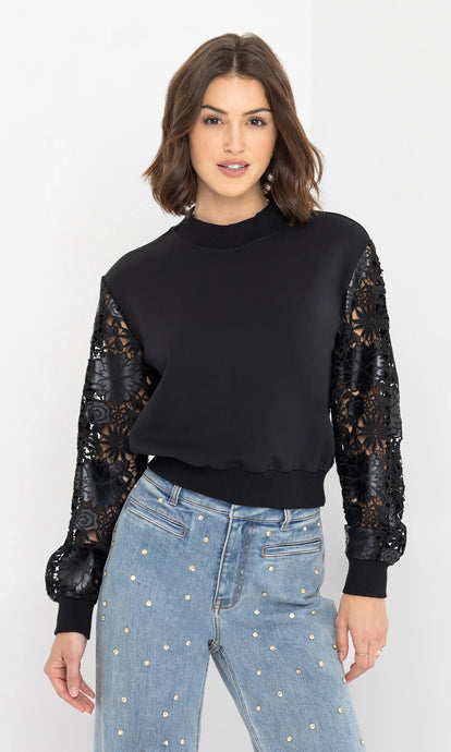 Generation Love Theron Guipure Combo Sleeve Sweatshirt - Black