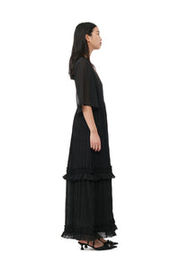 Ganni Pleated Georgette V-neck Maxi Dress - Black