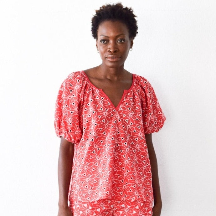 Never A Wallflower Gathered V-Neck Top - Red Eyelet