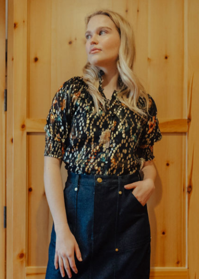 Never A Wallflower Gathered Button Down Top - Dark Floral